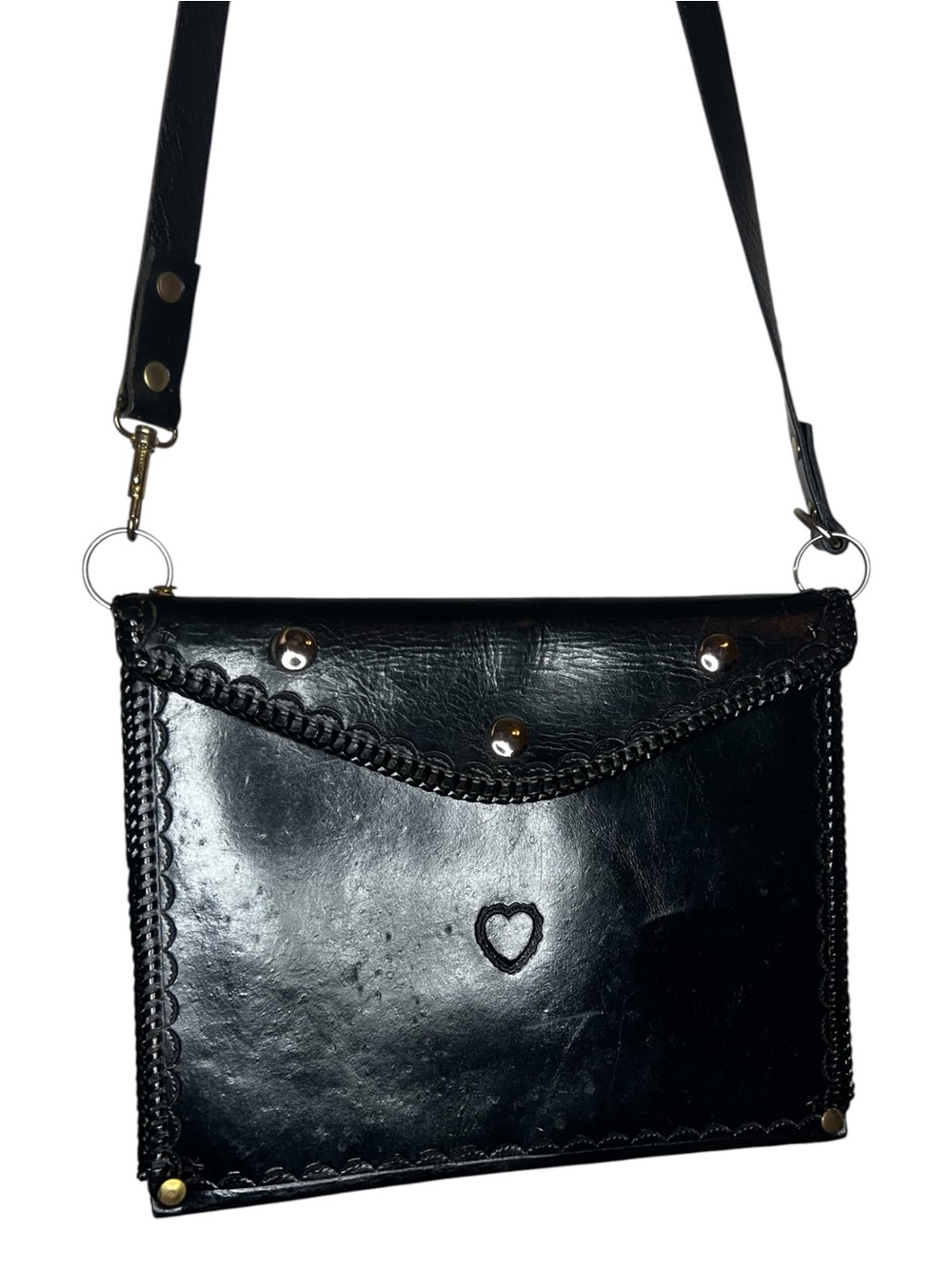 Black Heart-Trim Faux Leather Crossbody Bag - Unbranded